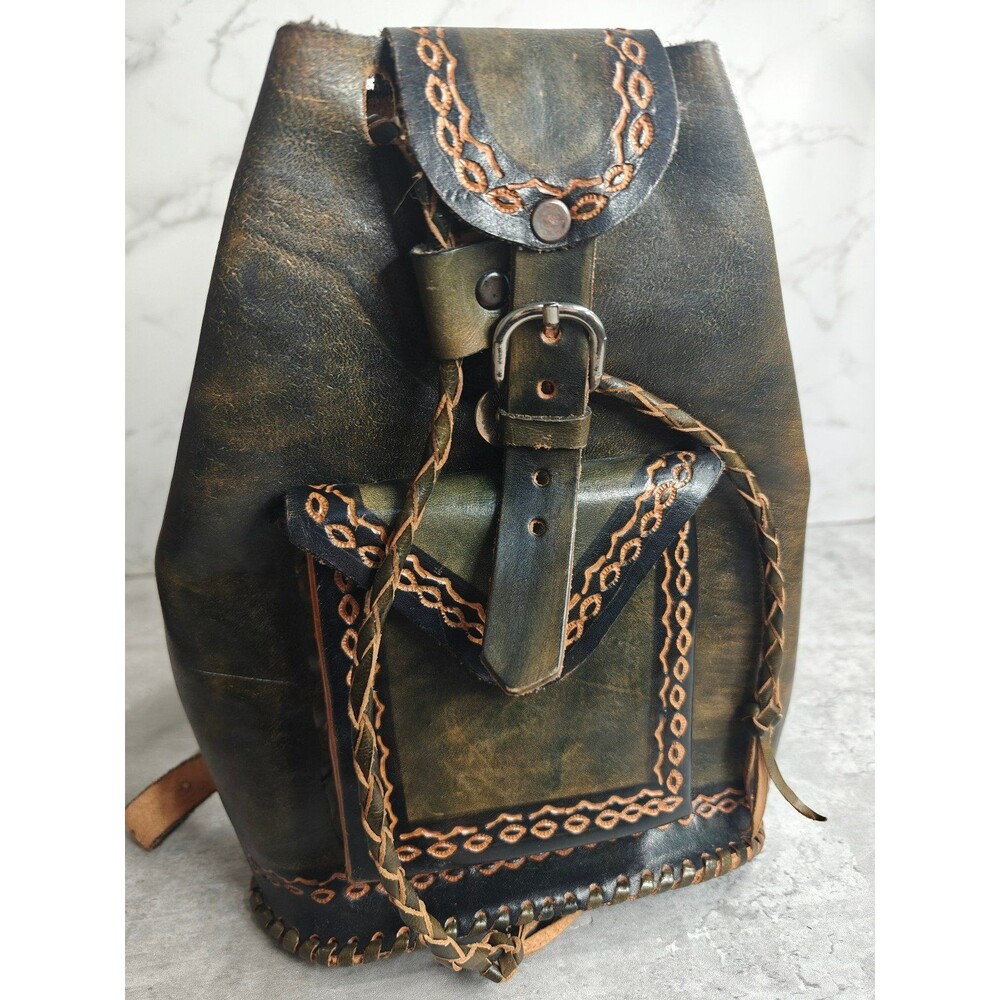 Handmade Leather Bag Backpack Purse Green Dyed Boho